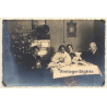 Family With Kitten & Teddy Bear / Christmas Tree (Vintage RPPC ~1910s)