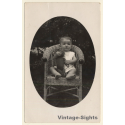 Baby With Teddy Bear In Stylish Wicker Chair (Vintage RPPC ~1910s/1920s)