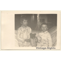 Little Girl & Baby Boy In Pijamas With Teddy Bear (Vintage RPPC ~1910s/1920s)