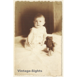 Dora Tarnke: Sweet Little Baby Girl & Teddy Bear (Vintage RPPC 1910s)