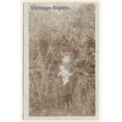 Young Boy & His Teddy Bear In Front Of Bushes (Vintage RPPC 1914)