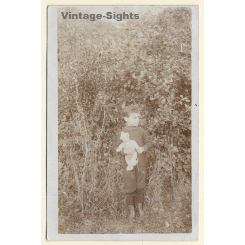 Young Boy & His Teddy Bear In Front Of Bushes (Vintage RPPC 1914) Young Boy & His Teddy Bear In Front Of Bushes (Vintage RPPC 1914)