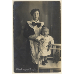 Great Take Of Baby Boy With Teddy Bear & His Nanny (Vintage RPPC 1910s/1920s)