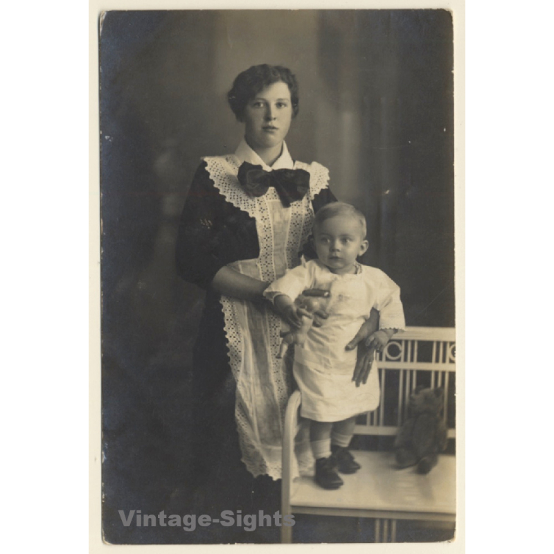 Great Take Of Baby Boy With Teddy Bear & His Nanny (Vintage RPPC 1910s/1920s) Great Take Of Baby Boy With Teddy Bear & His Nanny (Vintage RPPC 1910s/1920s)