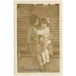 Mother With Sweet Daughter & Teddy Bear On Her Knees (Vintage RPPC ~1920s/1930s)