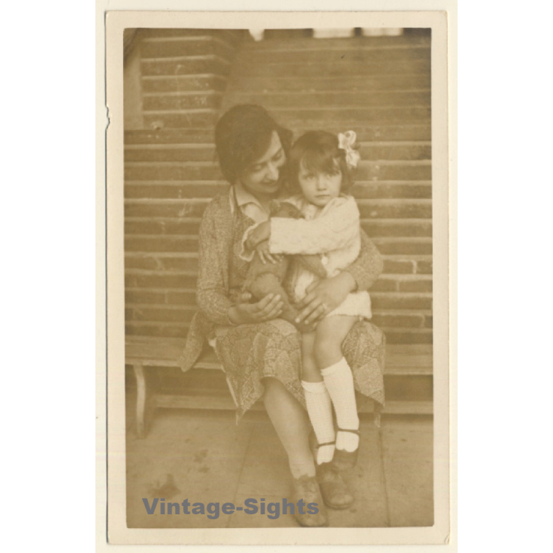 Mother With Sweet Daughter & Teddy Bear On Her Knees (Vintage RPPC ~1920s/1930s) Mother With Sweet Daughter & Teddy Bear On Her Knees (Vintage RPPC ~1920s/1930s)