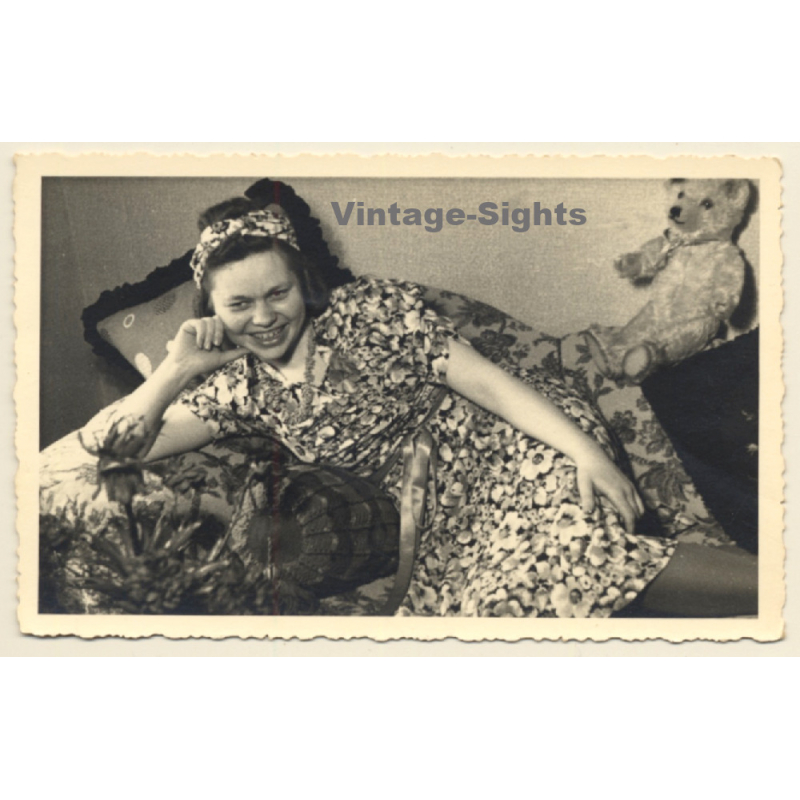 Cheeky Young Woman In Flowered Dress & Teddy Bear On Her Knees (Vintage RPPC 1941) Cheeky Young Woman In Flowered Dress & Teddy Bear On Her Knees (Vintage RPPC 1941)