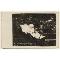 Little Baby & Teddy Bear In Stroller (Vintage RPPC 1910s/1920s)