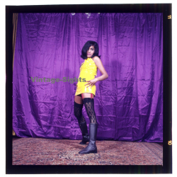 Slim Darkhaired Female In Yellow Rubber Dress / Nylons - Suspenders - Risqué (Vintage Diapositive ~1970s)