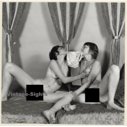 Erotic Study: 2 Slim Nude Girlfriends Biting Panties On Bed / Lesbian INT (Vintage Photo KORENJAK 1970s/1980s)