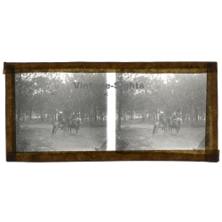 Laos: Missionary P. Favrel & A.P. Detry On Horses (Vintage Stereo Glass Plate ~1920s/1930s)