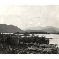 Nha Trang / Vietnam: Wood Logs On Beach - Native With 2 Baskets (Vintage Stereo Glass Plate ~1920s/1930s)