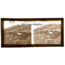 Indochina: Backyard Of Straw Hut / Laos? Vietnam? (Vintage Stereo Glass Plate ~1920s/1930s)