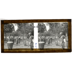 Laos: Indigenous Native Tribal Members / Drum (Vintage Stereo Glass Plate ~1920s/1930s)