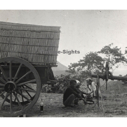 Indochina: Group Of Natives Rest Behind Trailer (Vintage Stereo Glass Plate ~1920s/1930s)