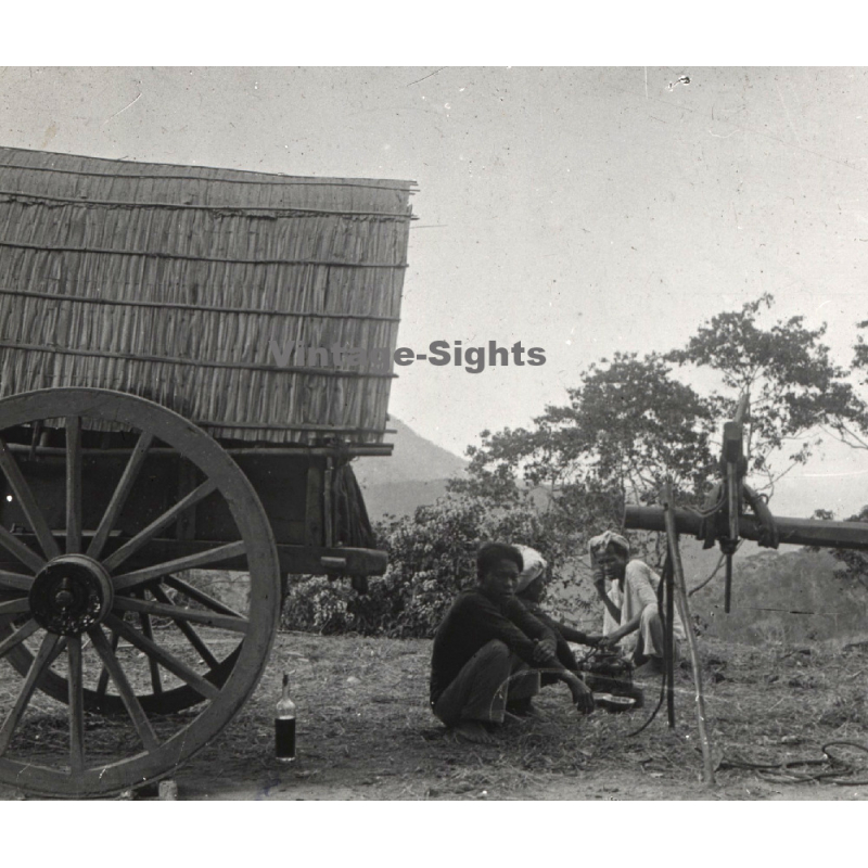 Indochina: Group Of Natives Rest Behind Trailer (Vintage Stereo Glass Plate ~1920s/1930s) Indochina: Group Of Natives Rest Behind Trailer (Vintage Stereo Glass Plate ~1920s/1930s)
