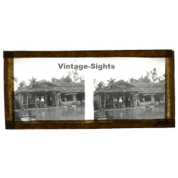 Thu Duc / Vietnam: Indigenous On Porch Of Waterside Home (Vintage Stereo Glass Plate ~1920s/1930s)