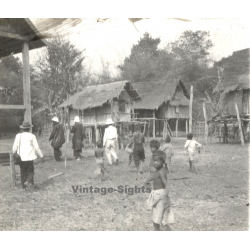 Laos: French Missionaries & Indigenous In Stilt House Village (Vintage Stereo Glass Plate ~1920s/1930s)