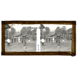 Laos: French Missionaries & Indigenous In Stilt House Village (Vintage Stereo Glass Plate ~1920s/1930s)