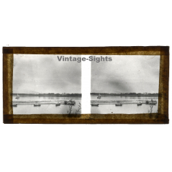 Annam / Vietnam: Local Boats On River / Sampan (Vintage Stereo Glass Plate ~1920s/1930s)