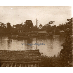 Indochina: Mangrove Trunks On River Shore / Junk (Vintage Stereo Glass Plate ~1920s/1930s)