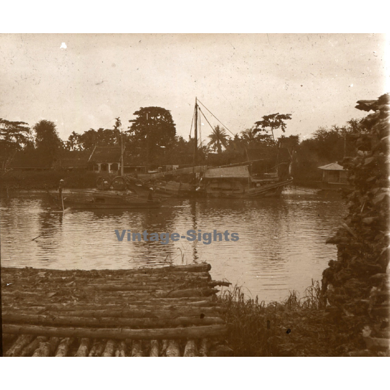 Indochina: Mangrove Trunks On River Shore / Junk (Vintage Stereo Glass Plate ~1920s/1930s)