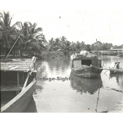 Lai Thieu / Vietnam: Local Boats On River (Vintage Stereo Glass Plate ~1920s/1930s)