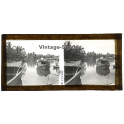 Lai Thieu / Vietnam: Local Boats On River (Vintage Stereo Glass Plate ~1920s/1930s)