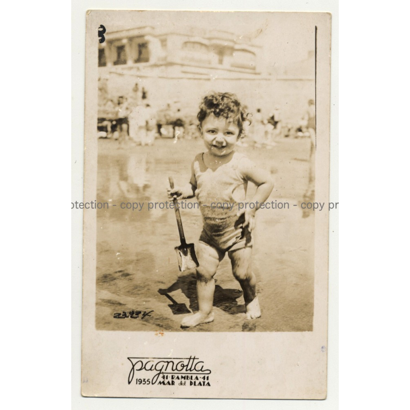 Studio Pagnotta: Baby Boy W. Sand Shovel - Playa Mar De Plata 1935 (Vintage Photo PC) Studio Pagnotta: Baby Boy W. Sand Shovel - Playa Mar De Plata 1935 (Vintage Photo PC)