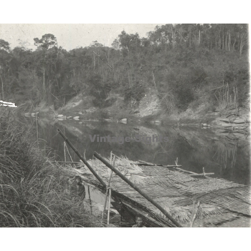 Laos: Bamboo Hut On Rivershore (Vintage Stereo Glass Plate ~1920s/1930s)