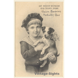 Terrier Puppy & Kid Wish Happy New Year / Dogs (Vintage PC 1905)