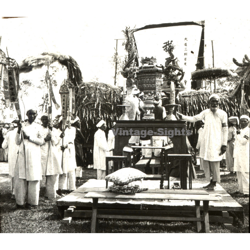 Indochina: Buddhist Ceremony *2 / Monks - Prayer Wheel (Vintage Glass Plate ~1920s/1930s)