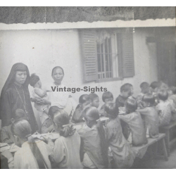 Indochina: Missionary Sister With Kids Eating (Vintage Glass Plate ~1920s/1930s)