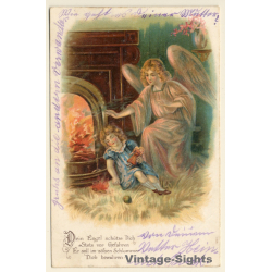 Female Angel Protects Kid From Fire / Poem (Vintage PC 1906)