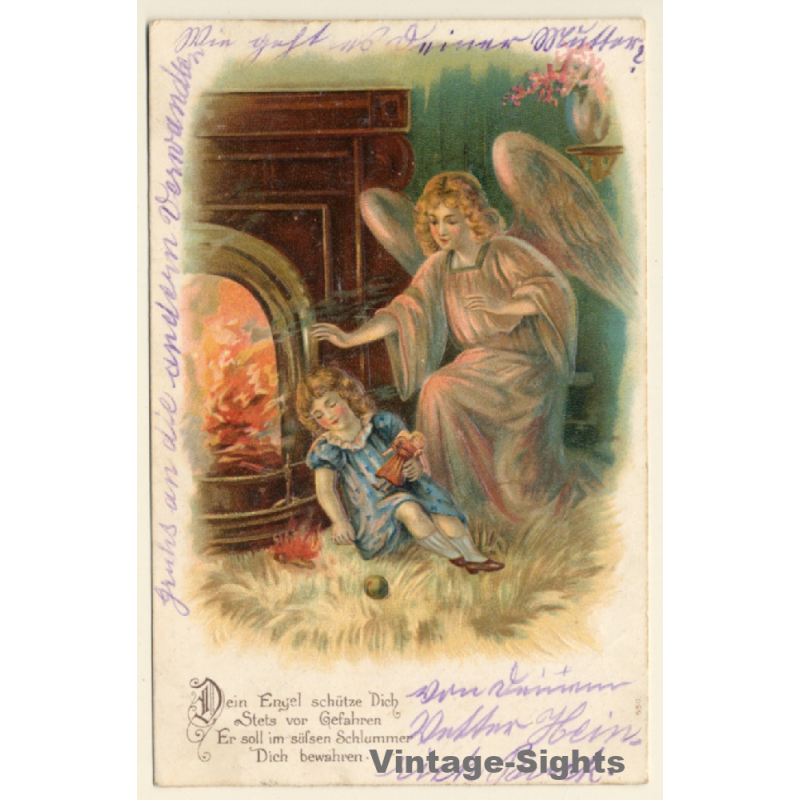 Female Angel Protects Kid From Fire / Poem (Vintage PC 1906)