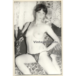Cheeky Darkhaired Semi Nude On Flowered Couch*3 (Vintage Photo ~1970s/1980s)
