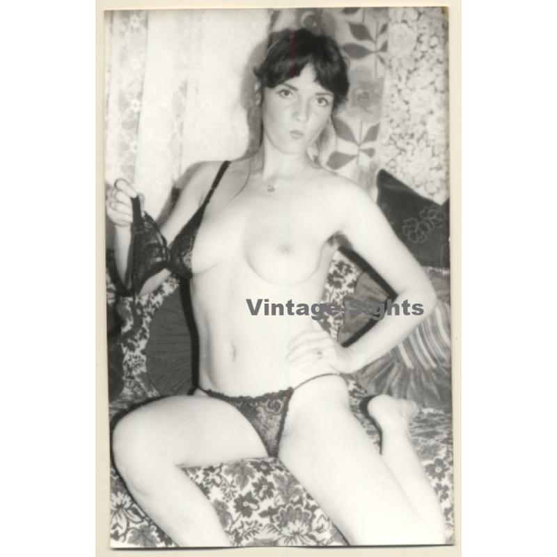 Cheeky Darkhaired Semi Nude On Flowered Couch*3 (Vintage Photo ~1970s/1980s)