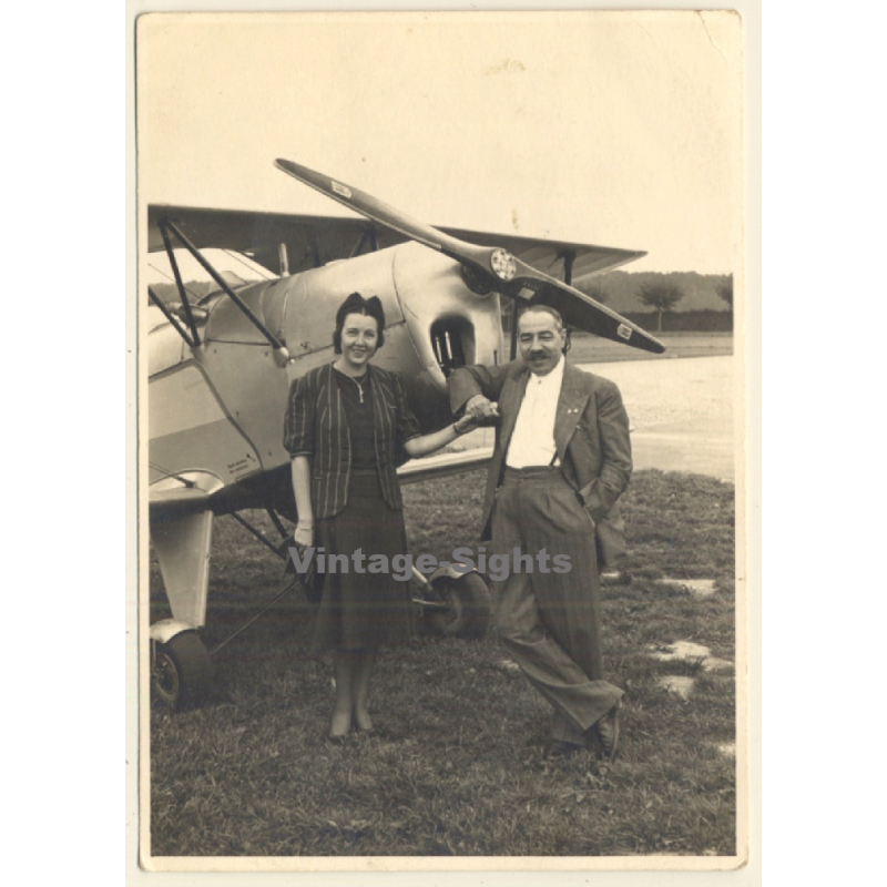 Proud Couple In Front Of Bücker BÜ-131 / Aviation (Vintage RPPC ~1930s/1940s)