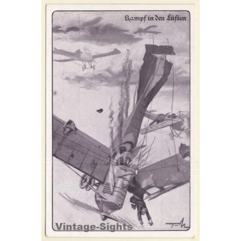 WW1: Kampf In Den Lüften / Shot Plane Crashing (Vintage Artist PC ~1910s)