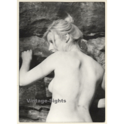 Erotic Study: Nude Blonde Holding On To Rock / Updo - Outdoors (Vintage Photo GDR ~1970s/1980s)