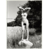 Happy Busty Nude On Rock / Outside - Nature (Vintage Photo B/W 1980s)