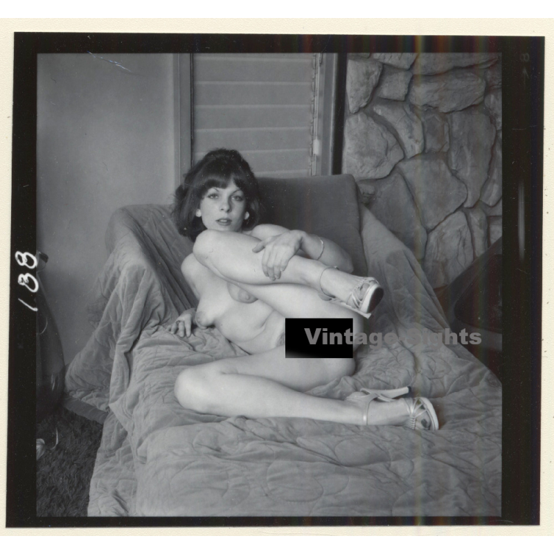 Erotic Study: Brunette Nude Lingering On Bed*2 (Vintage Contact Sheet Photo 1970s/1980s)