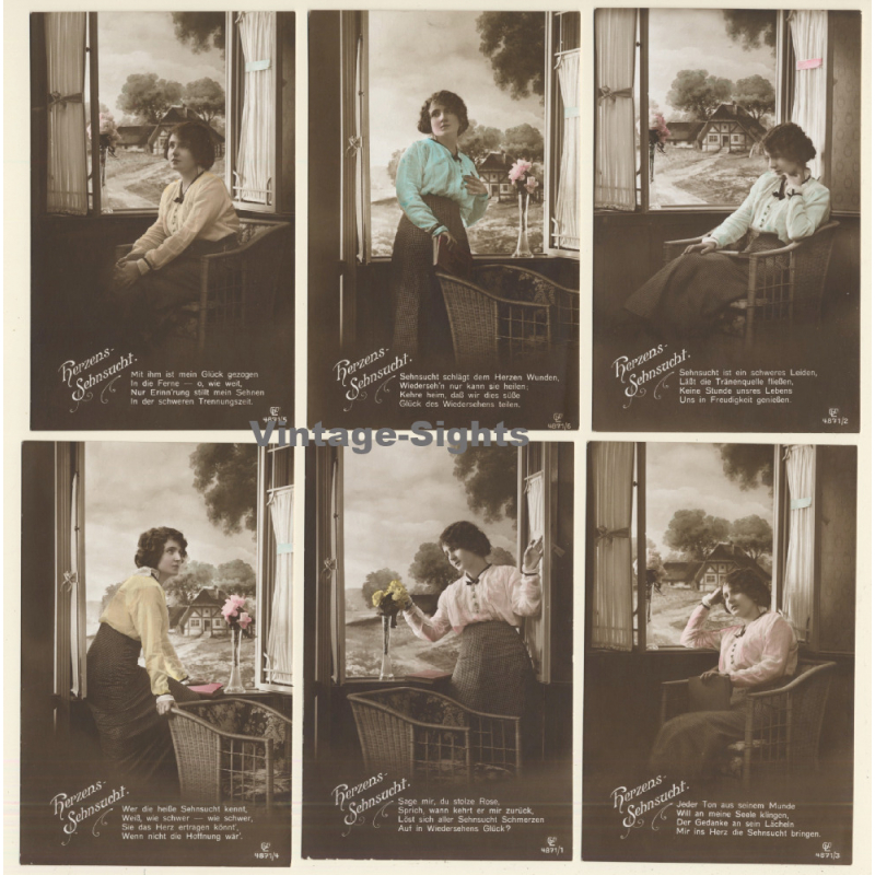 Herzens-Sehnsucht / Lonely Woman - Romance - Kitsch (Set Of 6 Vintage RPPCs 1910s)