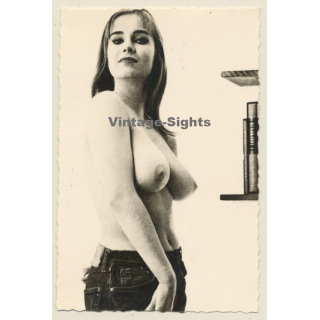 Erotic Study: Busty Topless Brunette In Jeans (Vintage 2nd Gen. Photo ~1960s)