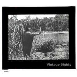 Bolivia: Indigenous Chimane With Bamboo Bow & Arrow / Rio Beni (Vintage Glass Plate ~1920s/1930s)