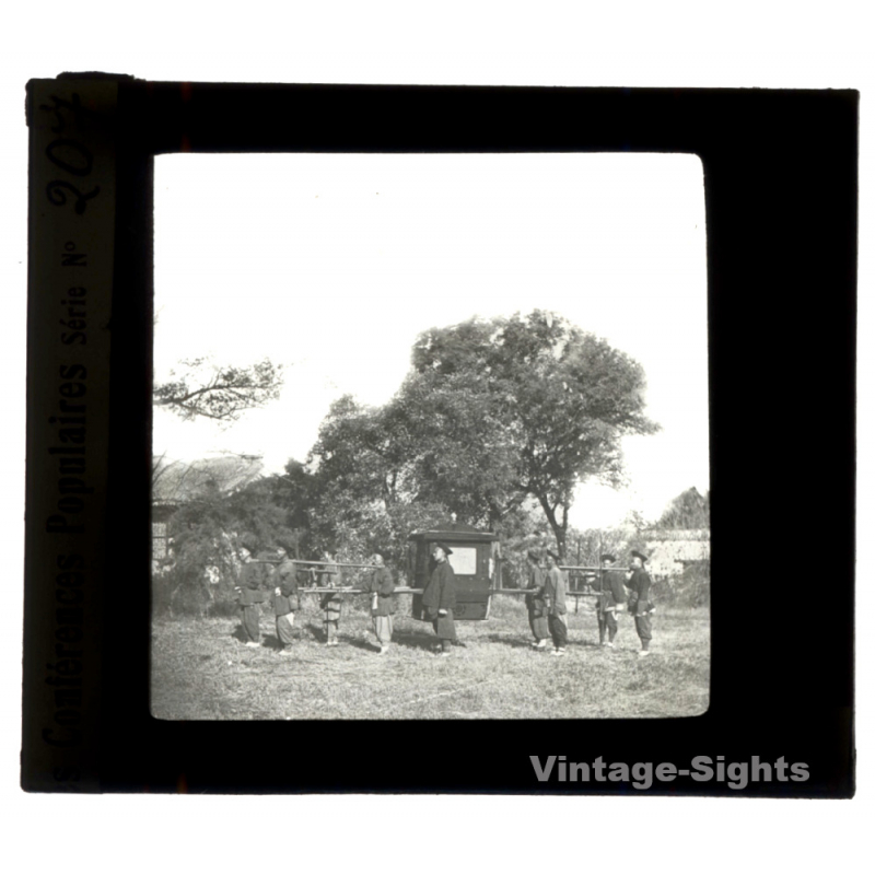 China: 8 Men Carrying Palanquin / Sedan Chair (Vintage Glass Plate ~1900s/1910s)