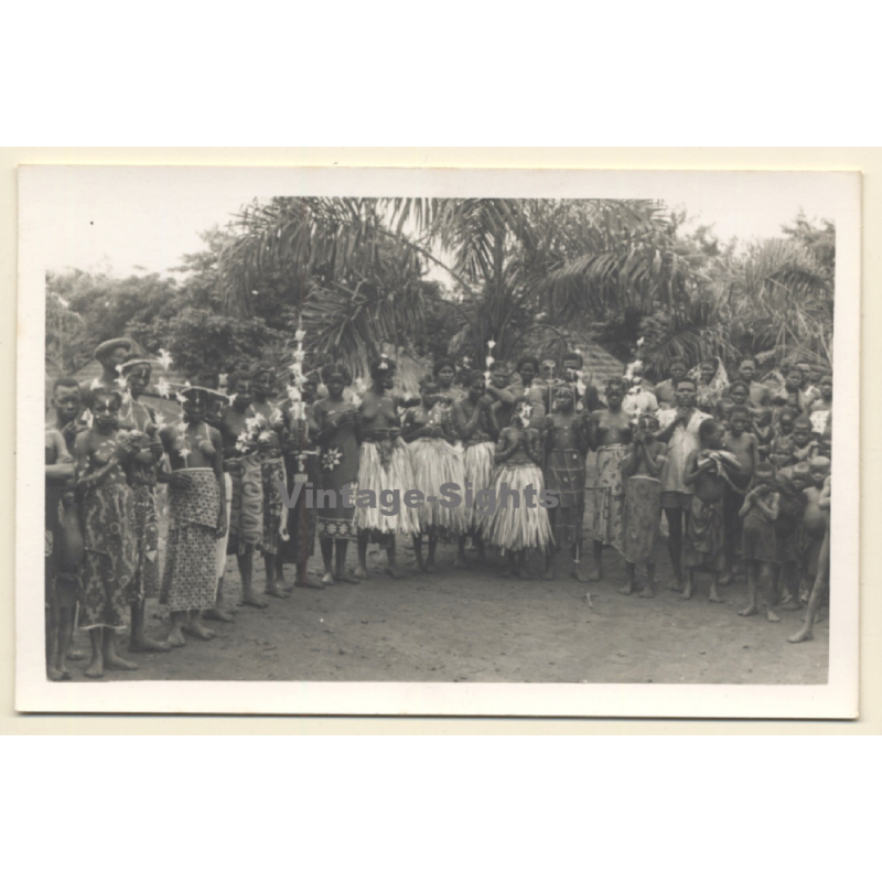Africa / Congo?: Large Group Of Native Tribe Members / Ceremonial Outift (Vintage Photo ~1940s/1950s)