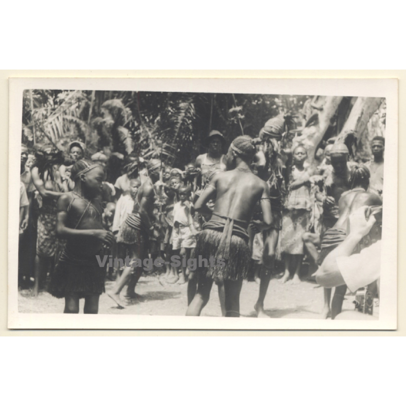 Africa / Congo?: Native Dancers At Tribal Gathering / Ceremonial Outfit*3 (Vintage Photo ~1940s/1950s)