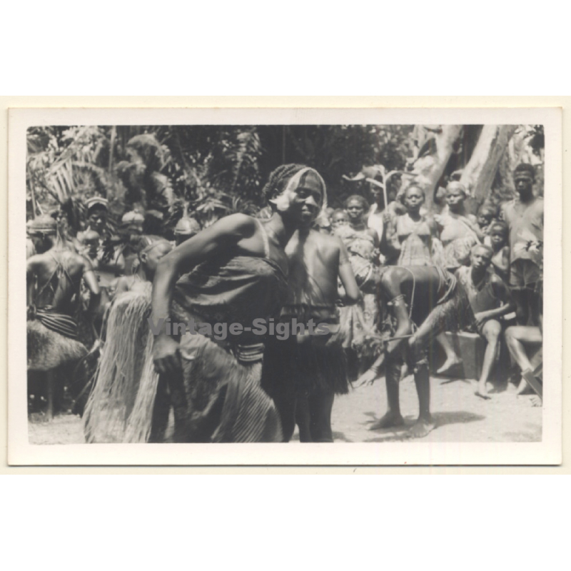 Africa / Congo?: Native Dancers At Tribal Gathering / Ceremonial Outfit*4 (Vintage Photo ~1940s/1950s)