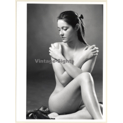 Artistic Erotic Nude Study: Slim Pensive Female Sitting (Vintage Photo France 1980s)